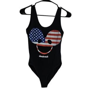 Women's Forever 21 Deadmau5 USA Flag Graphic Black Tank Bodysuit Sz Small